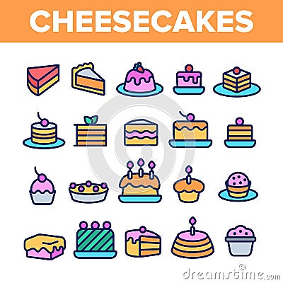 Sweet Cheesecakes, Bakery Linear Vector Icons Set Vector Illustration