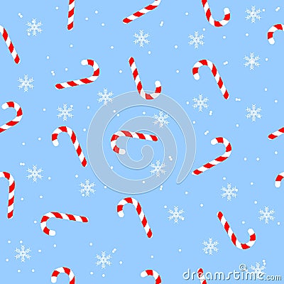 Sweet Christmas candy with snowflakes, seamless pattern on blue texture Vector Illustration