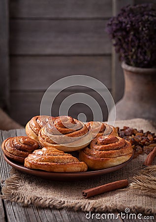 Sweet cinnamon bun rolls christmas scandinavian Stock Photo