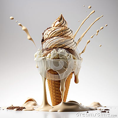 Sweet cold ice cream with icing in waffle cone on a light background, Generative AI, generative artificial intelligence Stock Photo