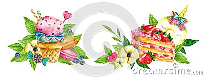 Sweet collection. Confectionery Vector watercolor food. Illustrations of cakes, ice cream, pies, biscuits, cookies Vector Illustration