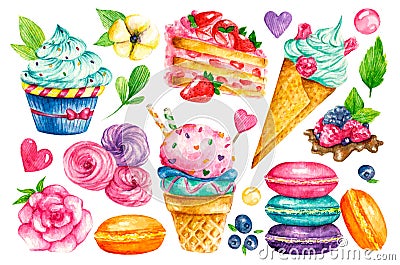 Sweet collection. Confectionery Vector watercolor food. Illustrations of cakes, pies, biscuits, ice cream, cookies Vector Illustration