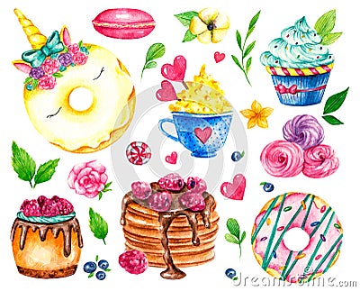 Sweet collection. Confectionery Vector watercolor food. Illustrations of cakes, pies, biscuits, ice cream, cookies Vector Illustration