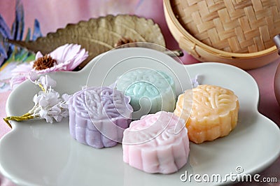 Sweet Color of Snow Skin Mooncake on Plate Stock Photo