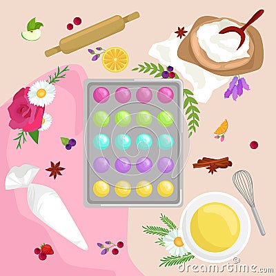Sweet and colourful french macaroons, macaron fruit biscuit dessert Vector Illustration