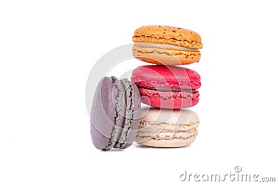 Sweet and colourful macaroons on white background , macaroons variety close up. Stock Photo