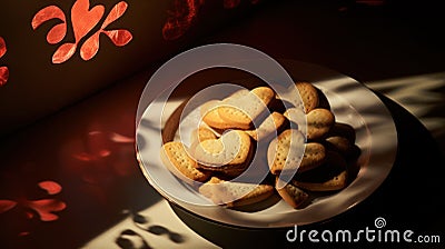 Sweet cookies with milk and cocoa in the form of a heart, lie on a wooden plate against the shadowed background Stock Photo