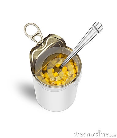Sweet corn in an open tin can with a spoon Stock Photo