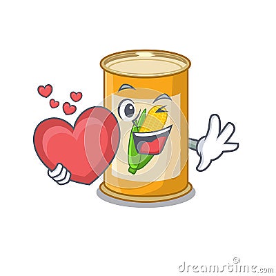 A sweet corn tin cartoon character style holding a big heart Vector Illustration