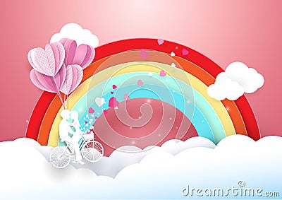 Sweet couple on bicycle flying with rainbow and clouds. Vector Illustration