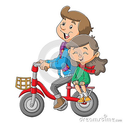 The sweet couple is cycling the bicycle together Vector Illustration