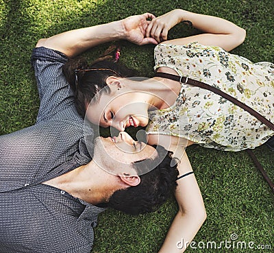 Sweet Couple Laying Grass Concept Stock Photo