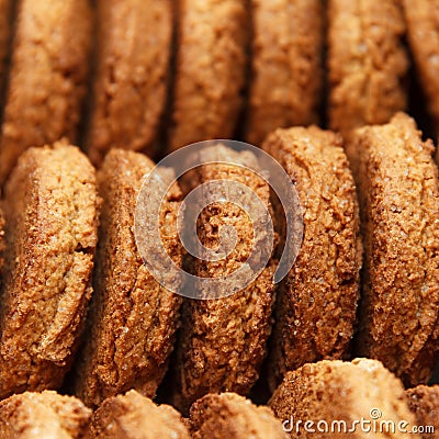 Sweet crisp freshly baked oatmeal, stacked one by one, conveniently packaged Stock Photo