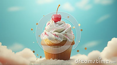 Sweet cupcake decorated cherry berry against fantasy sky background for birthday concept Stock Photo