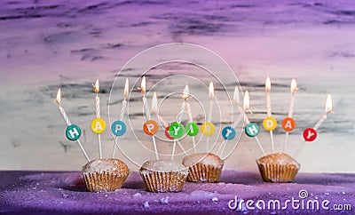 Happy Birthday cupcakes background Stock Photo