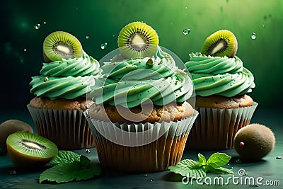 sweet cupcakes with green cream with kiwi, on a green background. Stock Photo