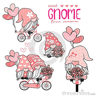 Sweet cute Gnome in pink hat on bicycle with heart balloons collection, couple lover gnome love Valentine element set Vector Illustration