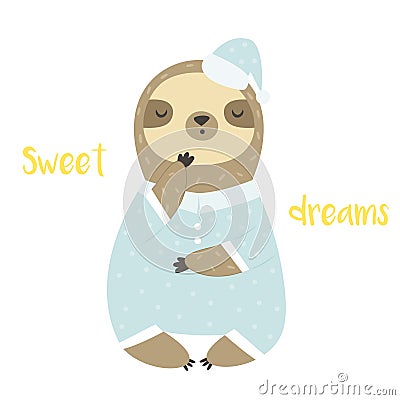 Sweet cute yawning sloth in pyjama and bed cap Vector Illustration