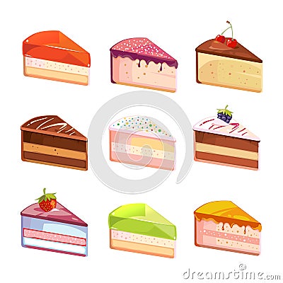 Sweet delicious cake slices pieces vector icons Vector Illustration