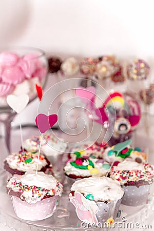 Sweet and delicious candy table with a lots of different candys and sweets Stock Photo
