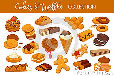 Sweet delicious cookies and waffles isolated illustrations collection Vector Illustration