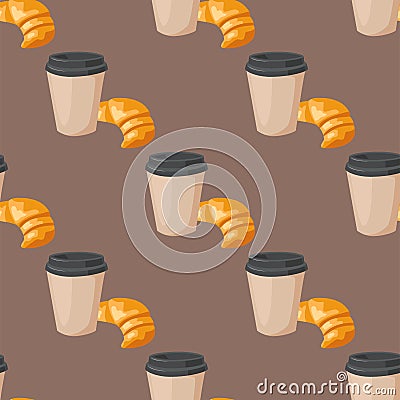 Sweet delicious croissant coffee cup morning bakery seamless pattern dessert pastry fresh drink cappuccino vector Vector Illustration