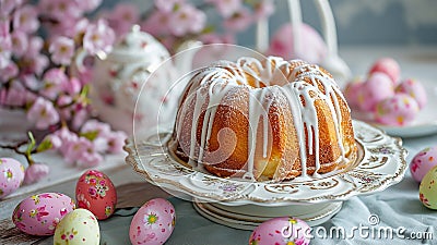 Sweet delicious festive Easter cake with white glaze, colorful Easter eggs, in a decorative plate Stock Photo
