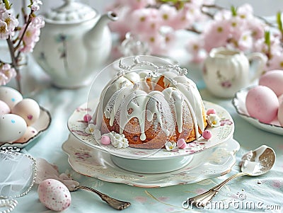 Sweet delicious festive Easter cake with white glaze, colorful Easter eggs, in a decorative plate Stock Photo