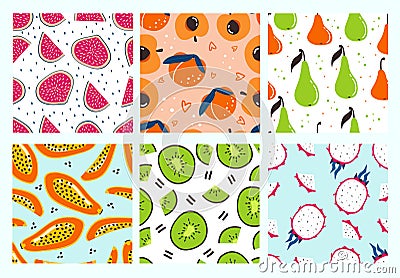 Sweet delicious tropical fruits seamless patterns Vector Illustration