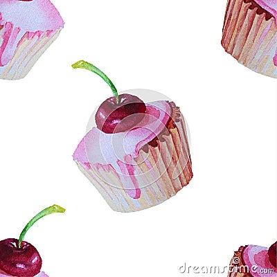 Sweet delicious watercolor pattern with cupcakes Vector Illustration