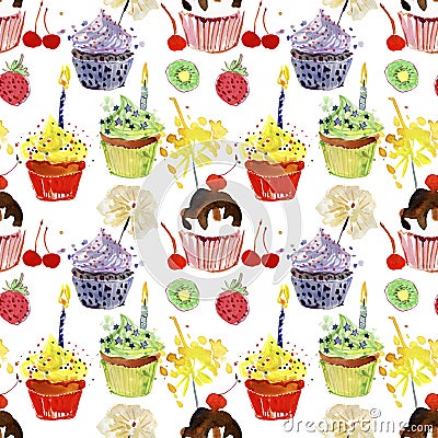 Sweet delicious watercolor pattern with cupcakes. Stock Photo