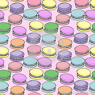 Sweet delicious watercolor pattern with macarons. Hand-drawn background. illustration on pink Cartoon Illustration