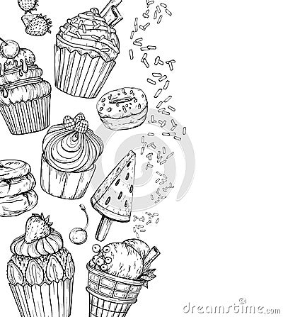 Sweet Dessert Background with cupcakes and ice cream, black and white Vector Illustration