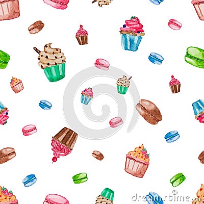 Sweet dessert collection on white isolate background. Cupcake and macaroon. Seamless pattern of water color painted Stock Photo