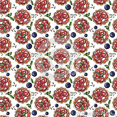 Sweet dessert, cupcake with strawberry and blueberry, seamless watercolor pattern Stock Photo