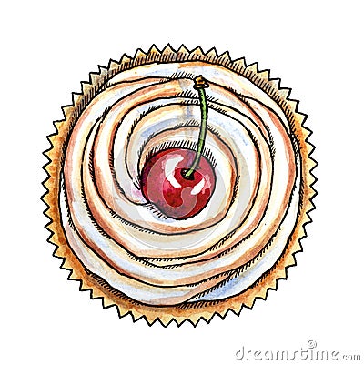 Sweet dessert, cherry cupcake, hand drawn watercolor Stock Photo