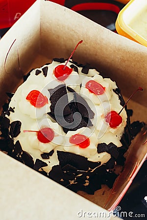 Sweet dessert delicious black forest cake cherry chocolate decoration whip cream cake Stock Photo