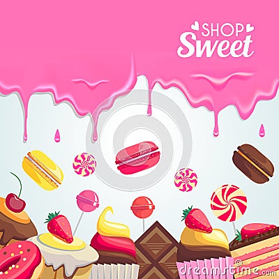 Sweet dessert food frame on white background. Vector Illustration