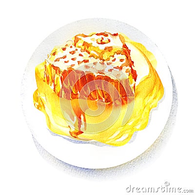 Sweet dessert honeycombs with liquid honey on white plate, isolated, hand drawn watercolor illustration on white Cartoon Illustration