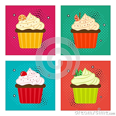 Set of fruit cupcake icons in pop art style. Vector illustration Cartoon Illustration