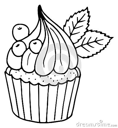 Sweet dessert sketch. Cream cupcake black doodle Stock Photo