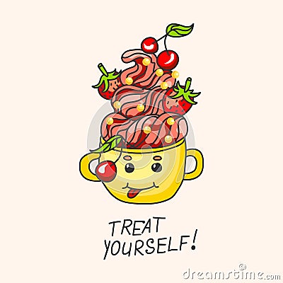 Sweet dessert with strawberries, cherries and cream in a mug. Cartoon-style. Cartoon Illustration