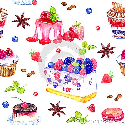 Sweet desserts with berries, watercolor seamless pattern Stock Photo