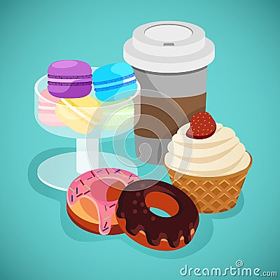 Sweet desserts concept in cartoon style with macaroon, cakes, coffee and cookies Vector Illustration