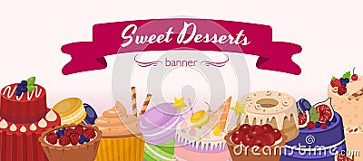 Sweet Desserts Horizontal Cartoon Flat Banner Vector Illustration