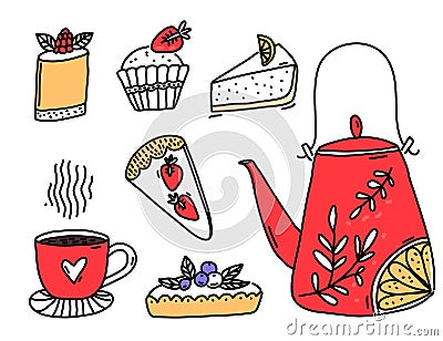 Sweet desserts and red tea pot doodles. Cheesecake, tartlet with berries and fresh pastry. Hand drawn vector Vector Illustration