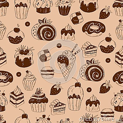 Sweet desserts seamless pattern. Delicious food, donut, roll, cakes, ice cream, berries and creamy dessert. Vector Vector Illustration