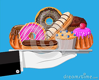 Sweet desserts in tray in hand. Vector Illustration