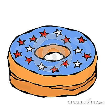 Sweet Donut with Blue Sugar Glaze and American Flag Stars Topping. Pastry Shop, Confectionery Design. Round Doughnut with Holes. B Stock Photo