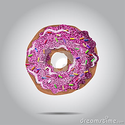 Sweet donut illustratio with pink glaze and many decorative sprinkles. Can be used as card or t-shirt print for label Vector Illustration